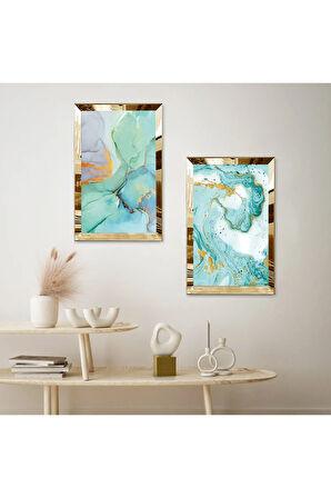 GOLD AYNALI PLEKSİ ÇERÇEVELİ BEYAZ ARKA PLANLI SU YEŞİLİ MODERN DALGALAR İKİLİ MDF TABLO SETİ