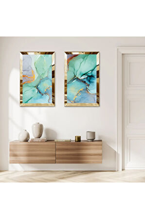 GOLD AYNALI PLEKSİ ÇERÇEVELİ BEYAZ ARKA PLANLI SU YEŞİLİ SOYUT DALGALAR İKİLİ MDF TABLO SETİ