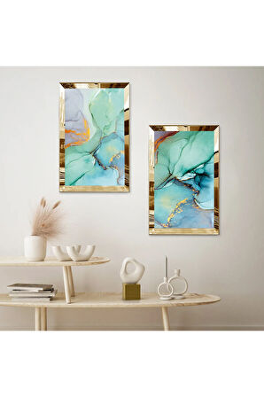 GOLD AYNALI PLEKSİ ÇERÇEVELİ BEYAZ ARKA PLANLI SU YEŞİLİ SOYUT DALGALAR İKİLİ MDF TABLO SETİ