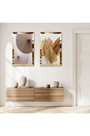 GOLD AYNALI PLEKSİ ÇERÇEVELİ BEYAZ ARKA PLANLI KREM TONLARINDA SOYUT DEKORATİF İKİLİ MDF TABLO SETİ