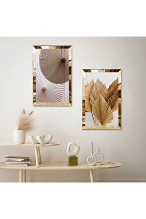 GOLD AYNALI PLEKSİ ÇERÇEVELİ BEYAZ ARKA PLANLI KREM TONLARINDA SOYUT DEKORATİF İKİLİ MDF TABLO SETİ