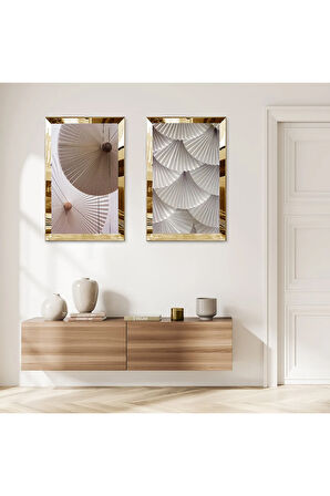GOLD AYNALI PLEKSİ ÇERÇEVELİ BEYAZ ARKA PLANLI KREM TONLARINDA SOYUT İKİLİ MDF TABLO SETİ