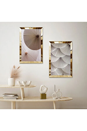 GOLD AYNALI PLEKSİ ÇERÇEVELİ BEYAZ ARKA PLANLI KREM TONLARINDA SOYUT İKİLİ MDF TABLO SETİ