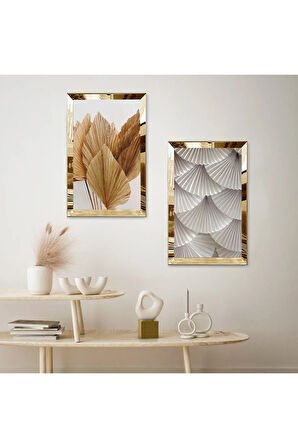GOLD AYNALI PLEKSİ ÇERÇEVELİ BEYAZ ARKA PLANLI KREM TONLARINDA MODERN İKİLİ MDF TABLO SETİ