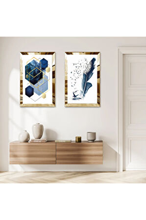 GOLD AYNALI PLEKSİ ÇERÇEVELİ BEYAZ ARKA PLANLI LACİVERT SOYUT ŞEKİLLER İKİLİ MDF TABLO SETİ