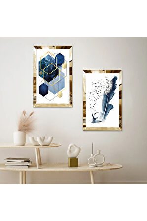 GOLD AYNALI PLEKSİ ÇERÇEVELİ BEYAZ ARKA PLANLI LACİVERT SOYUT ŞEKİLLER İKİLİ MDF TABLO SETİ