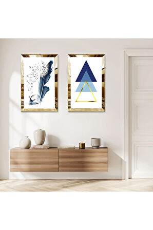 GOLD AYNALI PLEKSİ ÇERÇEVELİ BEYAZ ARKA PLANLI LACİVERT MODERN ŞEKİLLER İKİLİ MDF TABLO SETİ