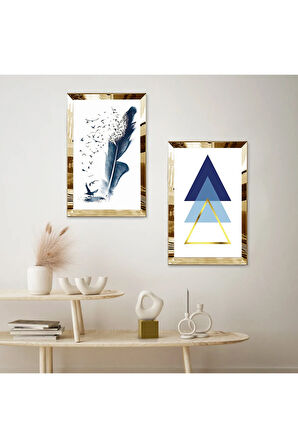 GOLD AYNALI PLEKSİ ÇERÇEVELİ BEYAZ ARKA PLANLI LACİVERT MODERN ŞEKİLLER İKİLİ MDF TABLO SETİ