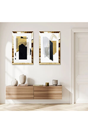 GOLD AYNALI PLEKSİ ÇERÇEVELİ BEYAZ ARKA PLANLI RENKLİ DESENER İKİLİ MDF TABLO SETİ