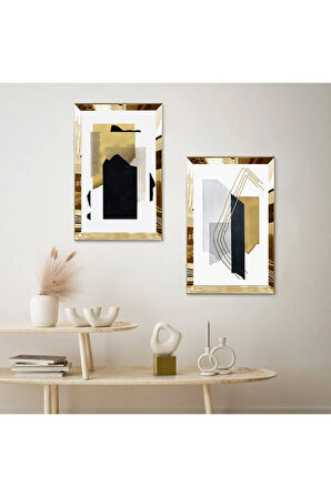 GOLD AYNALI PLEKSİ ÇERÇEVELİ BEYAZ ARKA PLANLI RENKLİ DESENER İKİLİ MDF TABLO SETİ