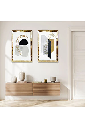 GOLD AYNALI PLEKSİ ÇERÇEVELİ BEYAZ ARKA PLANLI RENKLİ MODERN DESENER İKİLİ MDF TABLO SETİ