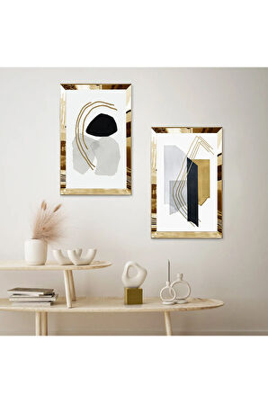 GOLD AYNALI PLEKSİ ÇERÇEVELİ BEYAZ ARKA PLANLI RENKLİ MODERN DESENER İKİLİ MDF TABLO SETİ