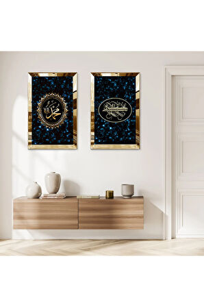 GOLD AYNALI PLEKSİ ÇERÇEVELİ SİYAH ARKA PLANLI MODERN MAVİ IŞILTILI DİNİ İKİLİ MDF TABLO SETİ