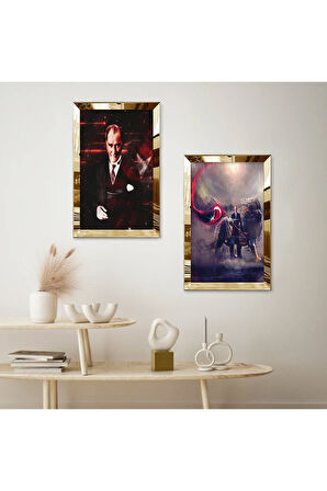 GOLD AYNALI PLEKSİ ÇERÇEVELİ ATATÜRK MODERN İKİLİ MDF TABLO SETİ