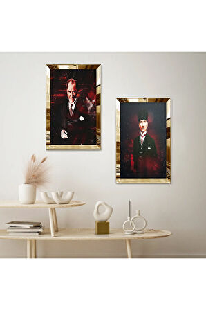 GOLD AYNALI PLEKSİ ÇERÇEVELİ ATATÜRK DEKORATİF İKİLİ MDF TABLO SETİ