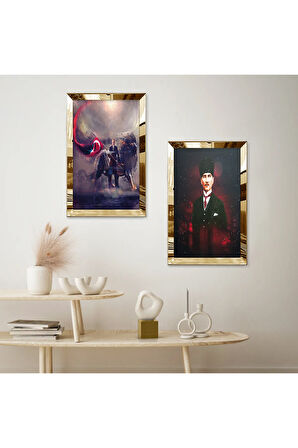 GOLD AYNALI PLEKSİ ÇERÇEVELİ ATATÜRK İKİLİ MDF TABLO SETİ