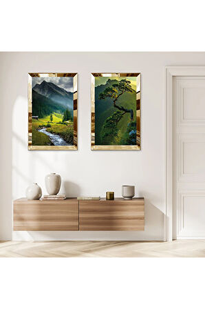 GOLD AYNALI PLEKSİ ÇERÇEVELİ KÖYDE AĞAÇLAR MANZARALI MODERN İKİLİ MDF TABLO SETİ