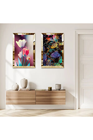 GOLD AYNALI PLEKSİ ÇERÇEVELİ AÇIK RENKLİ MODERN ÇİÇEKLER İKİLİ MDF TABLO SETİ