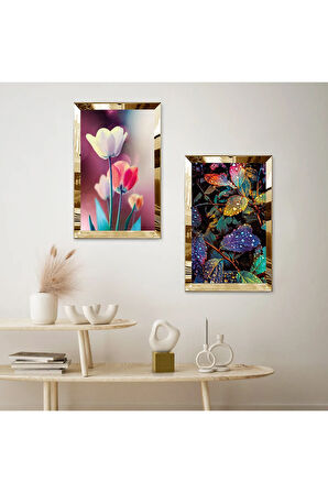 GOLD AYNALI PLEKSİ ÇERÇEVELİ AÇIK RENKLİ MODERN ÇİÇEKLER İKİLİ MDF TABLO SETİ