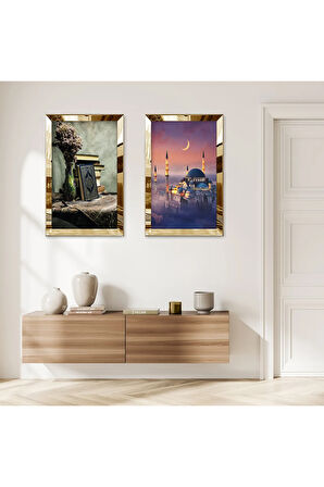 GOLD AYNALI PLEKSİ ÇERÇEVELİ KURAN-I KERİM VE CAMİ DİNİ DEKORATİF İKİLİ MDF TABLO SETİ