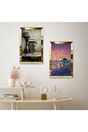 GOLD AYNALI PLEKSİ ÇERÇEVELİ KURAN-I KERİM VE CAMİ DİNİ DEKORATİF İKİLİ MDF TABLO SETİ