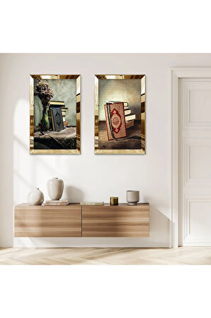 GOLD AYNALI PLEKSİ ÇERÇEVELİ KURAN-I KERİM DİNİ İKİLİ MDF TABLO SETİ