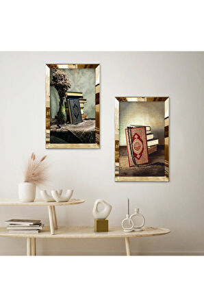 GOLD AYNALI PLEKSİ ÇERÇEVELİ KURAN-I KERİM DİNİ İKİLİ MDF TABLO SETİ