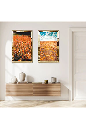 GOLD AYNALI PLEKSİ ÇERÇEVELİ TURUNCU MODERN ÇİÇEK BAHÇESİ İKİLİ MDF TABLO SETİ
