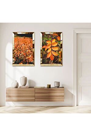 GOLD AYNALI PLEKSİ ÇERÇEVELİ TURUNCU SOYUT ÇİÇEK BAHÇESİ İKİLİ MDF TABLO SETİ
