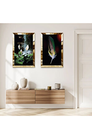 GOLD AYNALI PLEKSİ ÇERÇEVELİ MODERN BİTKİLER İKİLİ MDF TABLO SETİ