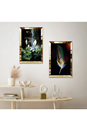 GOLD AYNALI PLEKSİ ÇERÇEVELİ MODERN BİTKİLER İKİLİ MDF TABLO SETİ