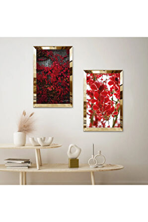 GOLD AYNALI PLEKSİ ÇERÇEVELİ MODERN KIRMIZI BİTKİLER İKİLİ MDF TABLO SETİ