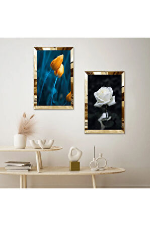 GOLD AYNALI PLEKSİ ÇERÇEVELİ MODERN SOYUT TURUNCU ÇİÇEKLER İKİLİ MDF TABLO SETİ