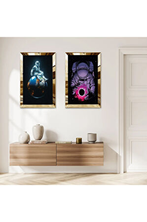 GOLD AYNALI PLEKSİ ÇERÇEVELİ ASTRONOT MODERN İKİLİ MDF TABLO SETİ