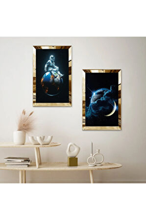 GOLD AYNALI PLEKSİ ÇERÇEVELİ ASTRONOT DEKORATİF İKİLİ MDF TABLO SETİ