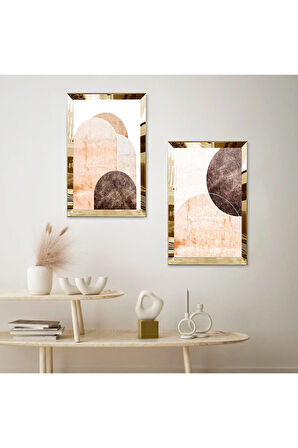 GOLD AYNALI PLEKSİ ÇERÇEVELİ KREM RENGİ SOYUT ÇİZİM İKİLİ MDF TABLO SETİ
