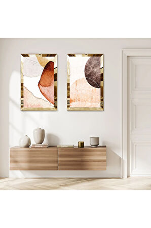 GOLD AYNALI PLEKSİ ÇERÇEVELİ KREM RENGİ SOYUT ÇİZİM DEKORATİF İKİLİ MDF TABLO SETİ