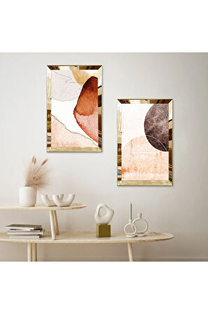 GOLD AYNALI PLEKSİ ÇERÇEVELİ KREM RENGİ SOYUT ÇİZİM DEKORATİF İKİLİ MDF TABLO SETİ
