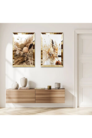 GOLD AYNALI PLEKSİ ÇERÇEVELİ KURUMUŞ ÇİÇEKLER DEKORATİF İKİLİ MDF TABLO SETİ