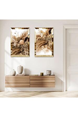 GOLD AYNALI PLEKSİ ÇERÇEVELİ KURUMUŞ ÇİÇEKLER MODERN İKİLİ MDF TABLO SETİ