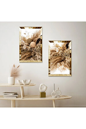 GOLD AYNALI PLEKSİ ÇERÇEVELİ KURUMUŞ ÇİÇEKLER MODERN İKİLİ MDF TABLO SETİ
