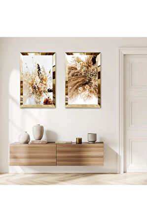 GOLD AYNALI PLEKSİ ÇERÇEVELİ KURUMUŞ ÇİÇEKLER İKİLİ MDF TABLO SETİ