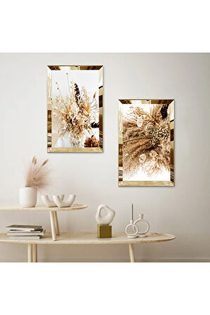 GOLD AYNALI PLEKSİ ÇERÇEVELİ KURUMUŞ ÇİÇEKLER İKİLİ MDF TABLO SETİ