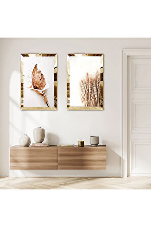 GOLD AYNALI PLEKSİ ÇERÇEVELİ BEYAZ ARKA PLANLI KURUMUŞ ÇİÇEKLER MODERN İKİLİ MDF TABLO SETİ
