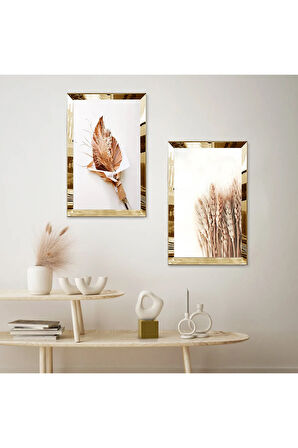 GOLD AYNALI PLEKSİ ÇERÇEVELİ BEYAZ ARKA PLANLI KURUMUŞ ÇİÇEKLER MODERN İKİLİ MDF TABLO SETİ
