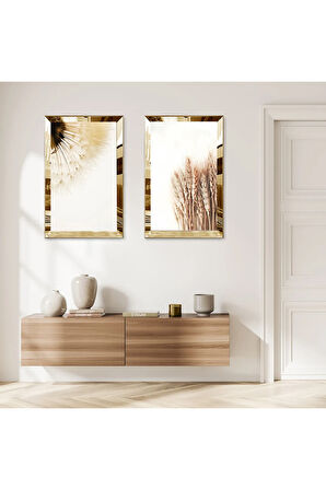 GOLD AYNALI PLEKSİ ÇERÇEVELİ BEYAZ ARKA PLANLI KURUMUŞ ÇİÇEKLER İKİLİ MDF TABLO SETİ