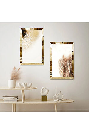 GOLD AYNALI PLEKSİ ÇERÇEVELİ BEYAZ ARKA PLANLI KURUMUŞ ÇİÇEKLER İKİLİ MDF TABLO SETİ