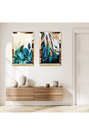 GOLD AYNALI PLEKSİ ÇERÇEVELİ SU YEŞİLİ BİTKİLER MODERN İKİLİ MDF TABLO SETİ