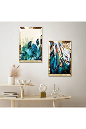 GOLD AYNALI PLEKSİ ÇERÇEVELİ SU YEŞİLİ BİTKİLER MODERN İKİLİ MDF TABLO SETİ