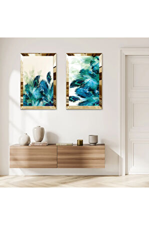 GOLD AYNALI PLEKSİ ÇERÇEVELİ SU YEŞİLİ BİTKİLER DEKORATİF İKİLİ MDF TABLO SETİ